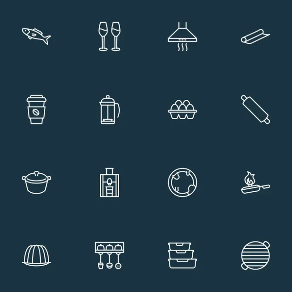 Iconos de gastronomía estilo de línea con exprimidor, rodillo, huevos y otros elementos del plato. Iconos de gastronomía de ilustración vectorial aislada . — Archivo Imágenes Vectoriales