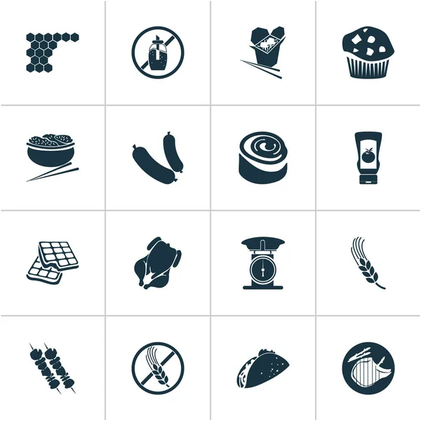 Conjunto de iconos alimentarios con tacos, magdalenas, trigo y otros elementos de tortilla. Iconos de alimentos de ilustración vectorial aislado . — Vector de stock