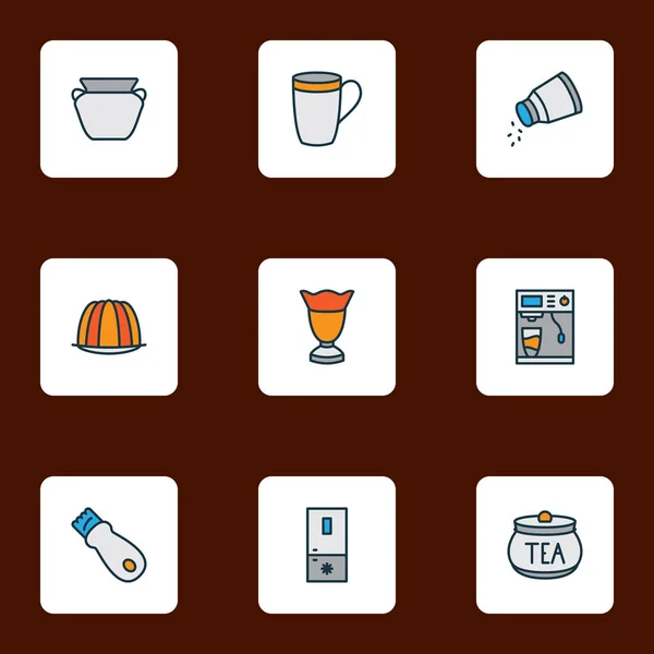 Iconos culinarios línea de colores con olla de barro, congelador, recipiente de té y otros elementos del tazón. Iconos culinarios de ilustración vectorial aislado . — Vector de stock