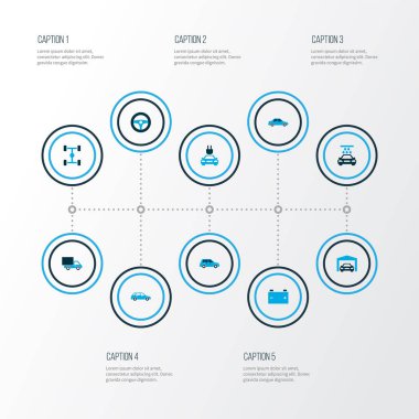 Araba simgeleri, otomobil, hatchback, akümülatör ve diğer elektrikli araba unsurlarıyla renklendirildi. İzole edilmiş resimli araba simgeleri.