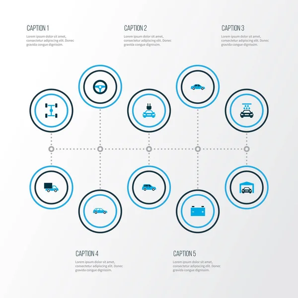Autó ikonok színes készlet autó, ferdehátú, akkumulátor és egyéb elektromos autó elemek. Elszigetelt illusztráció autó ikonok. — Stock Fotó