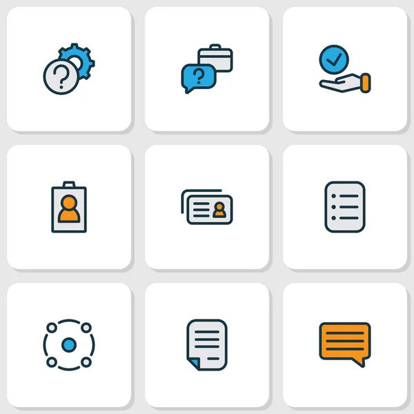 Work icons colored line set with message, task list, id and other checklist elements. Isolated illustration work icons.