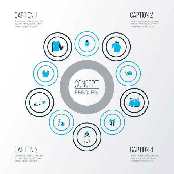 リング、弓結び、ポンチョなどのセーター要素で着色されたスタイルのアイコンセット。独立したイラストスタイルのアイコン. — ストック写真