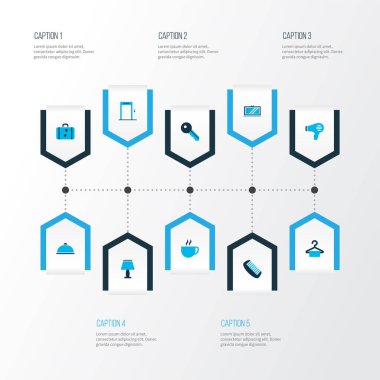 Tarak, yemek, çanta ve diğer kumaş elementleriyle bezenmiş otel simgeleri. İzole vektör illüstrasyon otel simgeleri.