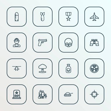 Kurşun, silah, zehir ve diğer panzer unsurlarıyla savaş ikonları çizgisi oluşturuldu. İzole vektör illüstrasyon savaş simgeleri.