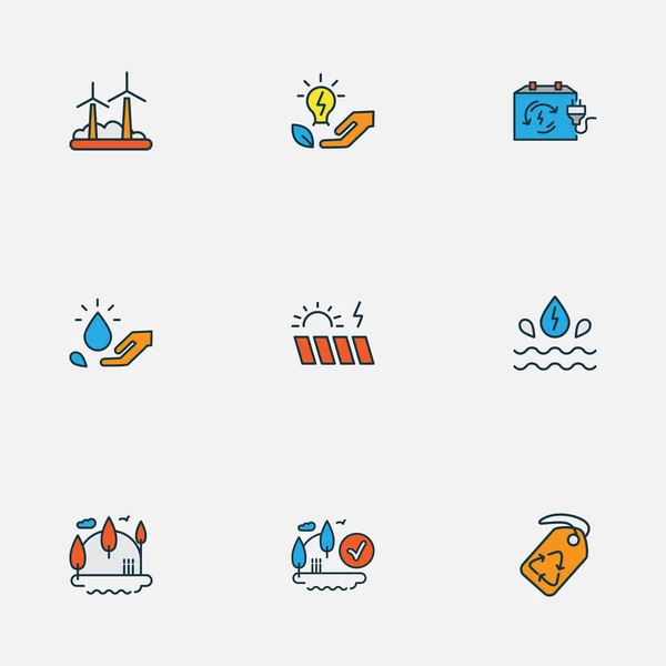 Iconos de entorno de color conjunto de línea con caja recargable, guardar el agua, eia aprobado y otros elementos del panel solar. Iconos de entorno de ilustración vectorial aislado . — Archivo Imágenes Vectoriales