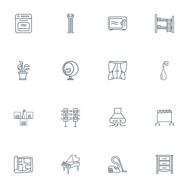 İç simgeler dizisi, sütun, çift katlı yatak, şık sandalye ve diğer piyano elementleri. İzole vektör illüstrasyon iç simgeleri.