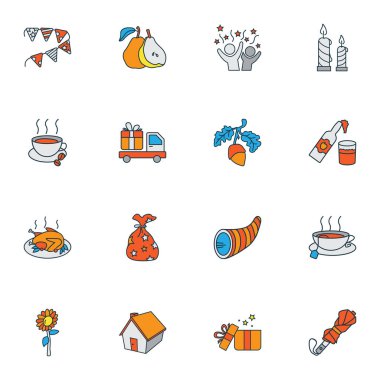 Şükran Günü simgeleri hediye teslimatı, şemsiye, mum ve çiçek unsurlarıyla renklendirildi. İzole vektör illüstrasyonu Şükran Günü simgeleri.