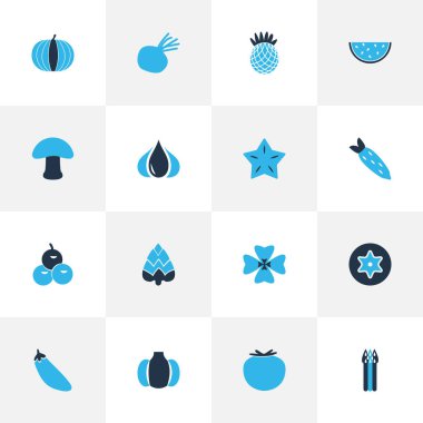 Yiyecek simgeleri yıldız meyvesi, pancar, patlıcan ve diğer bakir elementlerle renklendirilmiş. İzole vektör illüstrasyon yiyecek simgeleri.