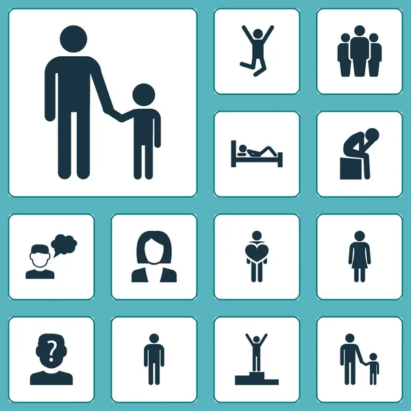 Iconos humanos con dormir, ganador, en el amor y otros elementos humanos saltando. Iconografía vectorial aislada iconos humanos . — Archivo Imágenes Vectoriales