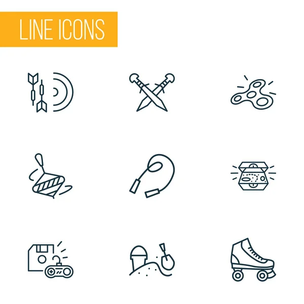Activiteit pictogrammen lijn stijl set met darts, whirligig, sandbox rolschaatsen elementen. Geïsoleerde vectorillustratie-iconen. — Stockvector