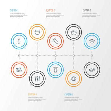 Hamur işi, kil tenceresi, patates temizleyicisi ve diğer ölçekli elementlerle hazırlanmış yemek simgeleri. İzole edilmiş illüstrasyon aşçı simgeleri.