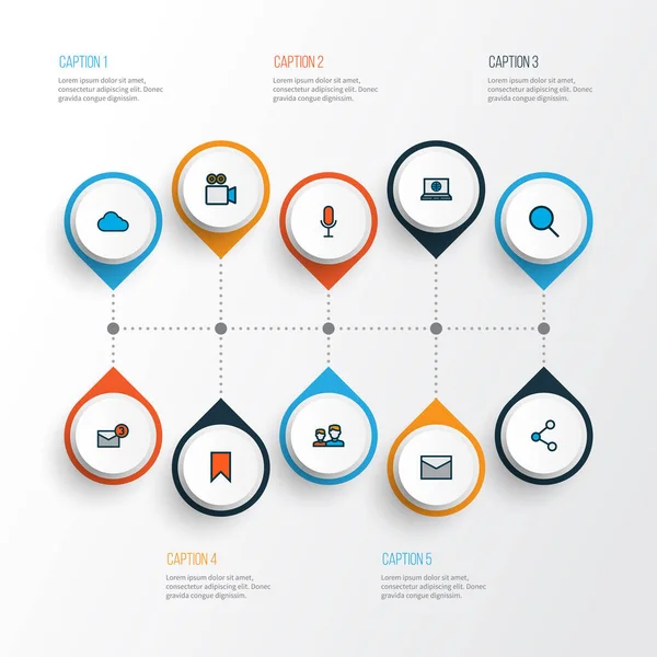 Sociala ikoner färgade linje set med video konversation, anmälan, moln och andra mulet element. Isolerad illustration sociala ikoner. — Stockfoto