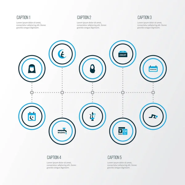 Conjunto de iconos de Ramadán de colores con lanzador, wudhu, hajj y otros elementos de pancarta. Iconografía aislada iconos de ramadán . — Foto de Stock