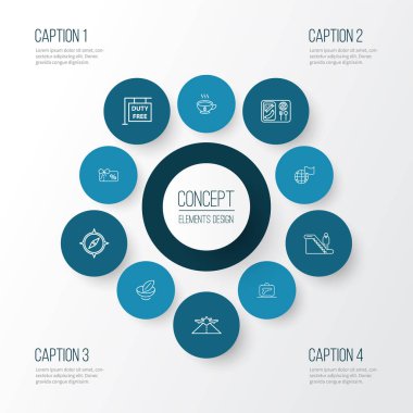 Seyahat simgeleri dizisi, kupon, bayraklı dünya, silahlı bagaj ve diğer vejetaryen unsurlar. İzole vektör çizimi seyahat simgeleri.