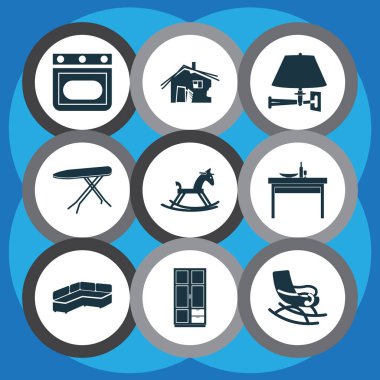 Sallanan at, eski kulübe, fırın ve diğer kanepe elementleriyle ev simgeleri hazır. İzole vektör illüstrasyon evi simgeleri.