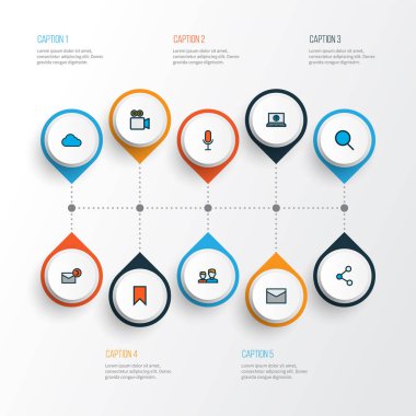 Video sohbeti, bildirim, bulut ve diğer bulutlu unsurlarla sosyal simgeler renklendirildi. İzole vektör illüstrasyon sosyal simgeleri.