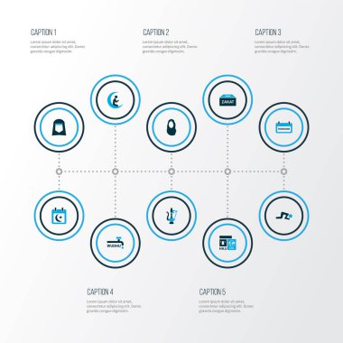 Ramazan ikonları sürahi, wudhu, hac ve diğer plaket unsurlarıyla renklendirildi. İzole vektör illüstrasyon ramazan simgeleri.