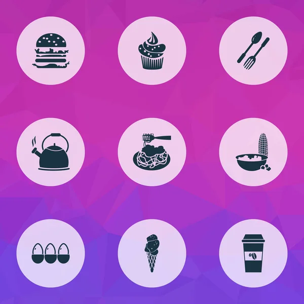 Food icons set with popcorn, takeaway coffee, cupcake και άλλα ντεκαφεϊνέ. Μεμονωμένα διανυσματικά εικονίδια τροφίμων. — Διανυσματικό Αρχείο