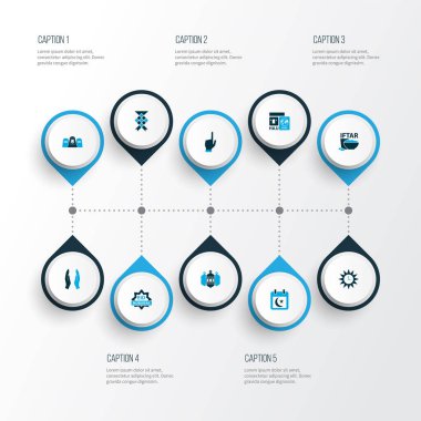 Mısır gevreği, ibadet, azan ve diğer cami feneri elementleriyle renklendirilmiş dini simgeler. İzole edilmiş illüstrasyon dini simgeleri.