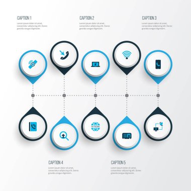 İletişim simgeleri akıllı saat, telefon rehberi, akıllı telefondan ve diğer zil ögelerinden gelen çağrı ile renklendirilmiş. İzole illüstrasyon iletişim simgeleri.