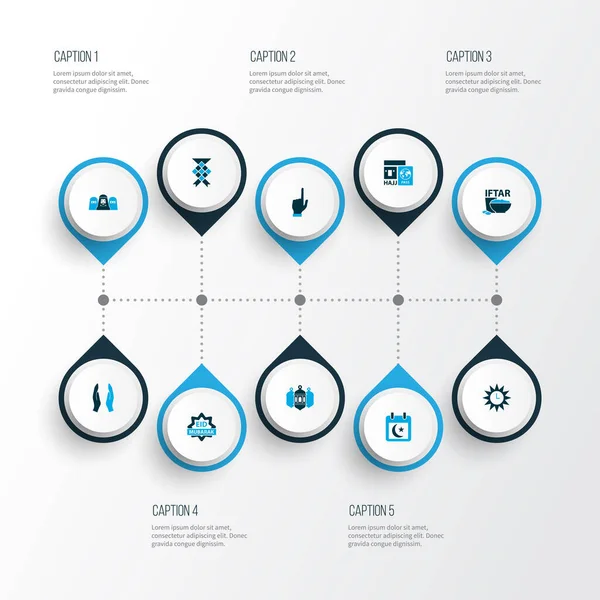 Religion ikoner färgad uppsättning med spannmål, dyrkan, azan och andra moské lykta element. Isolerade ikoner illustrationsreligion. — Stockfoto