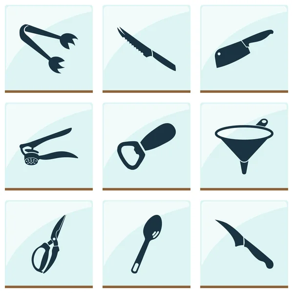 Cutlery icons set with equipment, chopping knife, bottle opener and other garlic press elements. Isolated vector illustration cutlery icons. — Stock Vector