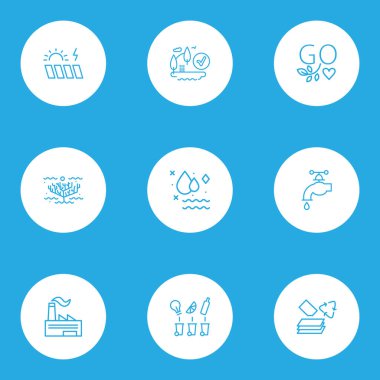 Çöp ayıklama, su vinci, güneş enerjisi ve diğer endüstri elementleriyle ekoloji ikonları çizgisi. İzole edilmiş illüstrasyon ekoloji simgeleri.