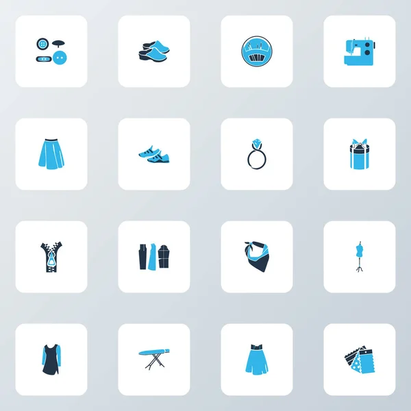 Stil ikoner färgad uppsättning med skräddare dummy, tränare skor, symönster och andra byxor element. Isolerade illustration stil ikoner. — Stockfoto