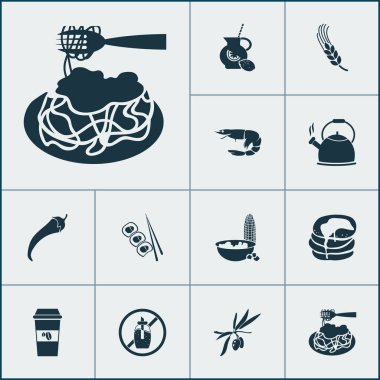 Çaydanlık, biber, şekersiz ve diğer tatlandırılmamış elementlerle besin ikonları oluşturuldu. İzole vektör illüstrasyon beslenme simgeleri.