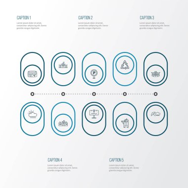 Şehir yönetimi, reklam panosu, hava durumu ve diğer şemsiye unsurları ile şehir simgeleri çizgisi tarzı. İzole vektör illüstrasyon şehir simgeleri.