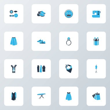 Terzi mankeni, spor ayakkabısı, dikiş şablonu ve diğer pantolon unsurlarıyla süslü simgeler. İzole vektör illüstrasyonu moda simgeleri.