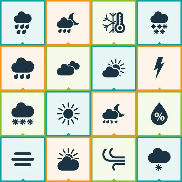 Iconos climáticos establecidos con luz solar, sol, nubes y otros elementos de brisa. Iconos de clima de ilustración aislada . —  Fotos de Stock