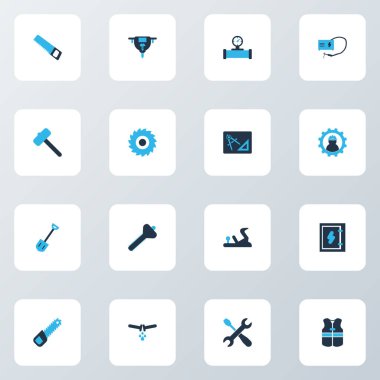 Yapı simgeleri akış borusu, fayanslar için çekiç, kürek ve diğer yıpratıcı elementlerle renklendirilmiş. İzole vektör illüstrasyon yapı simgeleri.