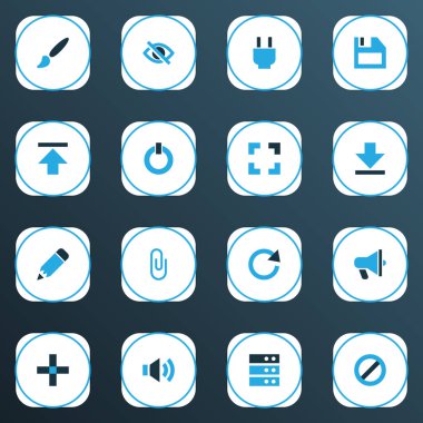 Kullanıcı simgeleri tam ekran, fırça, yeniden yükleme ve diğer kalem elementleriyle renklendirilmiş. İzole vektör resimleme simgeleri.