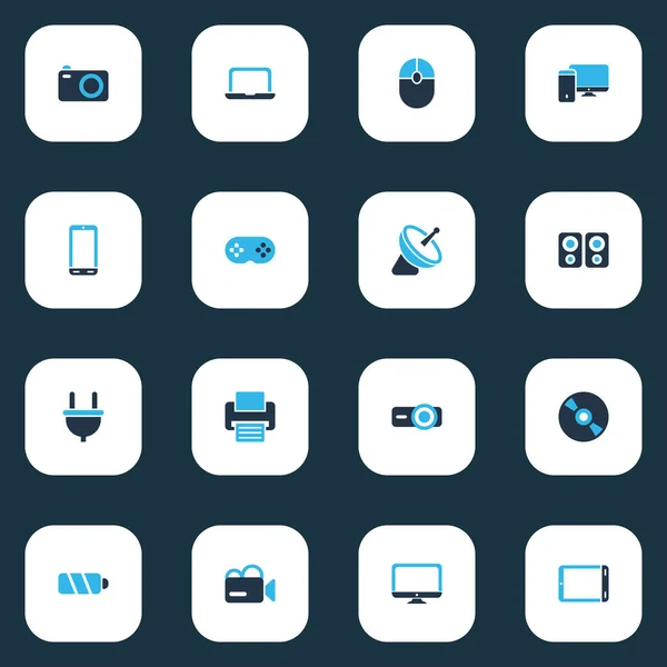 Technologie-Symbole farbiges Set mit Kamera, CD, Palmtop und anderen Desktop-Elementen. Isolierte Ikonen der Vektorillustration. — Stockvektor