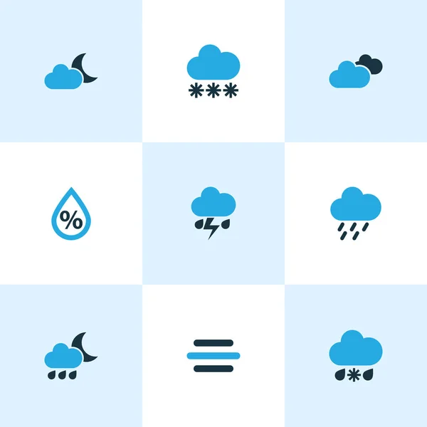 Klimasymbole farbig mit Nacht, Bewölkung, Regensturm und anderen Mondscheinelementen. Isolierte Vektorillustration Klima-Ikonen. — Stockvektor