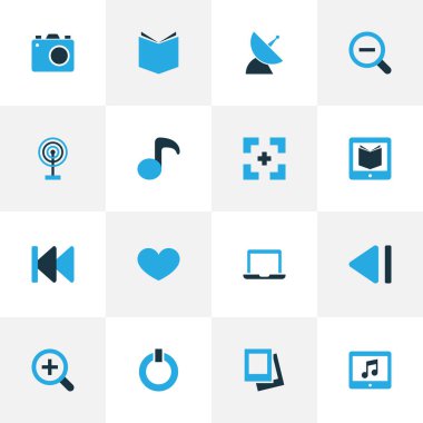 Ortam simgeleri favori, önceki, fotoğraf makinesi ve diğer kamera ögeleriyle renklendirilmiş. İzole edilmiş illüstrasyon ortam simgeleri.
