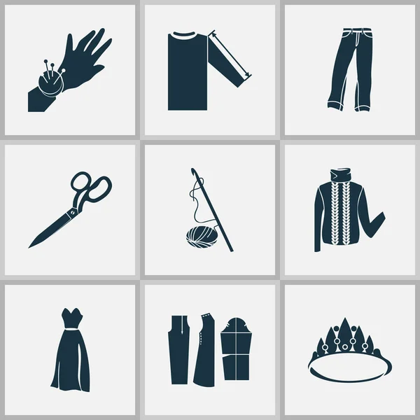 Modieuze iconen set met een kleerschaar, mouwlengte, naaipatroon en andere broekelementen. Geïsoleerde illustratie modieuze iconen. — Stockfoto