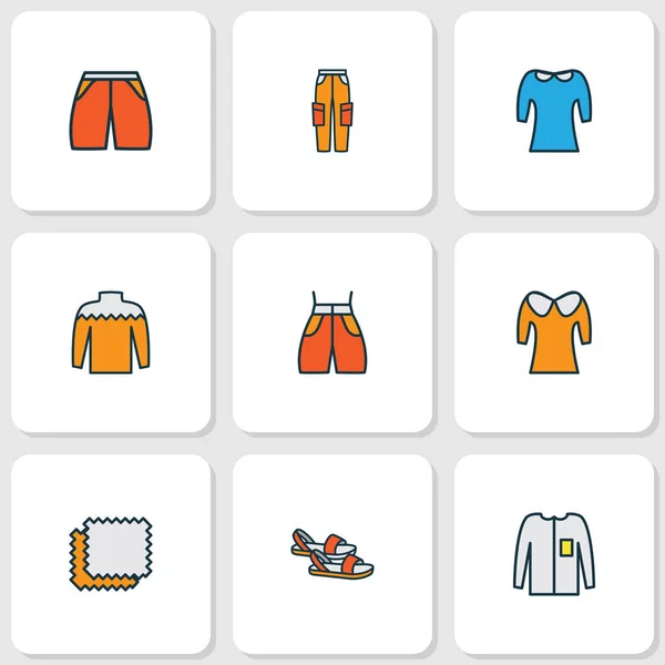 Fashion iconen gekleurde lijn set met lange mouw, materiaal monsters, sandalen strandkleding elementen. Geïsoleerde illustratie mode iconen. — Stockfoto
