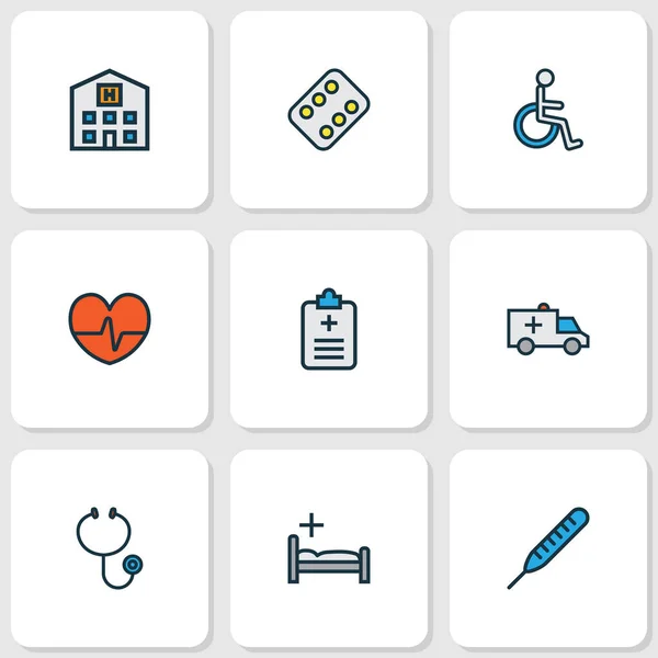 Antibiotické ikony barevná linka set s ambulancí, léky, lékařský dotazník a další prvky lékařského centra. Izolované ilustrační antibiotické ikony. — Stock fotografie