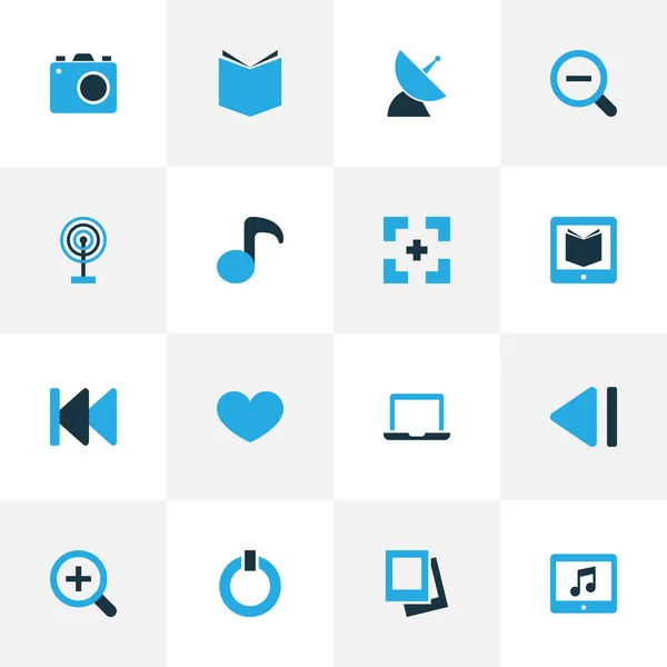 Media pictogrammen gekleurde set met favoriete, vorige, foto-apparaat en andere camera-elementen. Afzonderlijke illustratiemedia pictogrammen. — Stockfoto