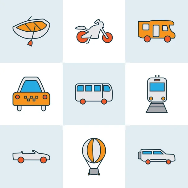 Iconos del vehículo línea de color conjunto con barco, cabriolet, taxi y otros elementos de dirigible. Iconos de vehículos de ilustración aislados . — Foto de Stock