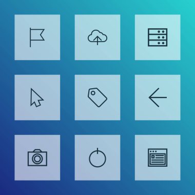 Arayüz simgeleri satır biçimi hedef, ok, düğme ve diğer ok ögeleri ile ayarlandı. İzole vektör illüstrasyon arayüzü simgeleri.