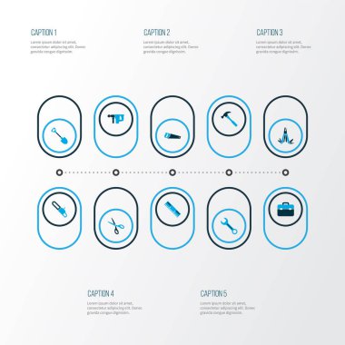 Çekiç, elektrikli alet, çoklu alet ve diğer alet çantalarıyla renklendirilmiş simgeleri onar. İzole vektör illüstrasyon düzeltme simgeleri.