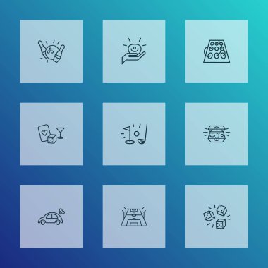 Golfle, stres topuyla, mücevher sandıkla ve diğer eğlence unsurlarıyla oyun simgeleri çizimi. İzole vektör illüstrasyon oyunları simgeleri.