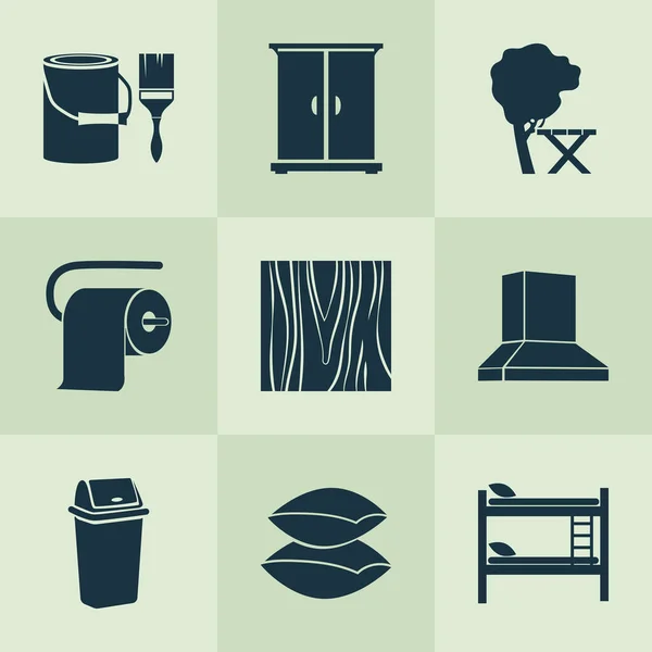 Conjunto de iconos interiores con cubo con pincel, almohada, cubo de basura y otros elementos de cojín. Iconos interiores de ilustración vectorial aislado . — Archivo Imágenes Vectoriales