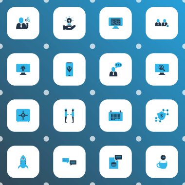 Takım lideri, boşluk, online fikir ve diğer para unsurlarıyla birlikte çalışma simgeleri. İzole edilmiş resimleme çalışma simgeleri.