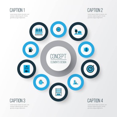 Cam kapaklı, bira tabelalı, bira kapaklı ve diğer cam elementli ikonlar iç. İzole edilmiş illüstrasyon içecek simgeleri.