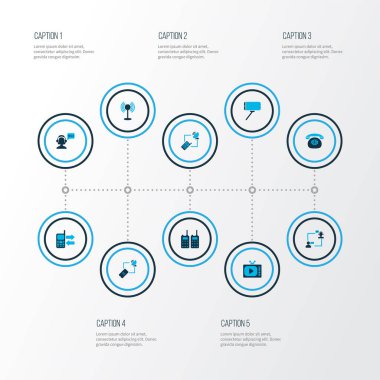 Bağlantı simgeleri müşteri, web, televizyon ve diğer telsiz elemanları ile operatör ile renklendirilmiş. İzole edilmiş illüstrasyon bağlantı simgeleri.